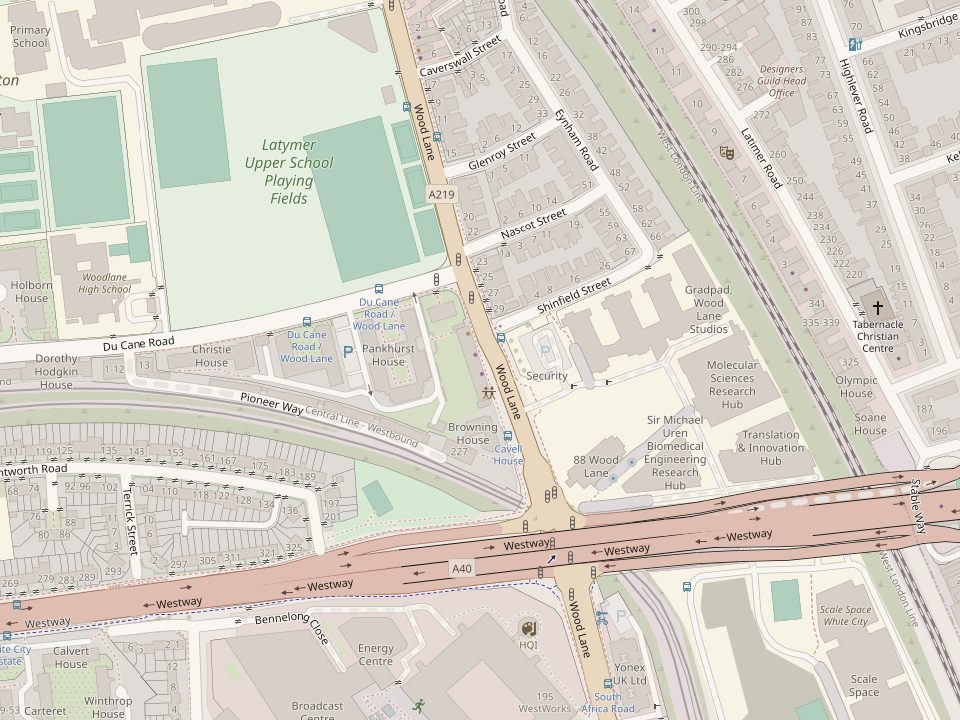 Street map showing Reds Classic at 243 Wood Lane, London, W12 0HL, on Wood Lane just north of the Westway